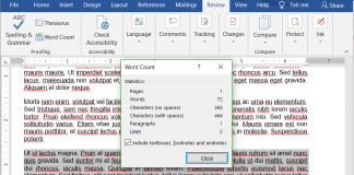 Microsoft Word - word counter selection of text details