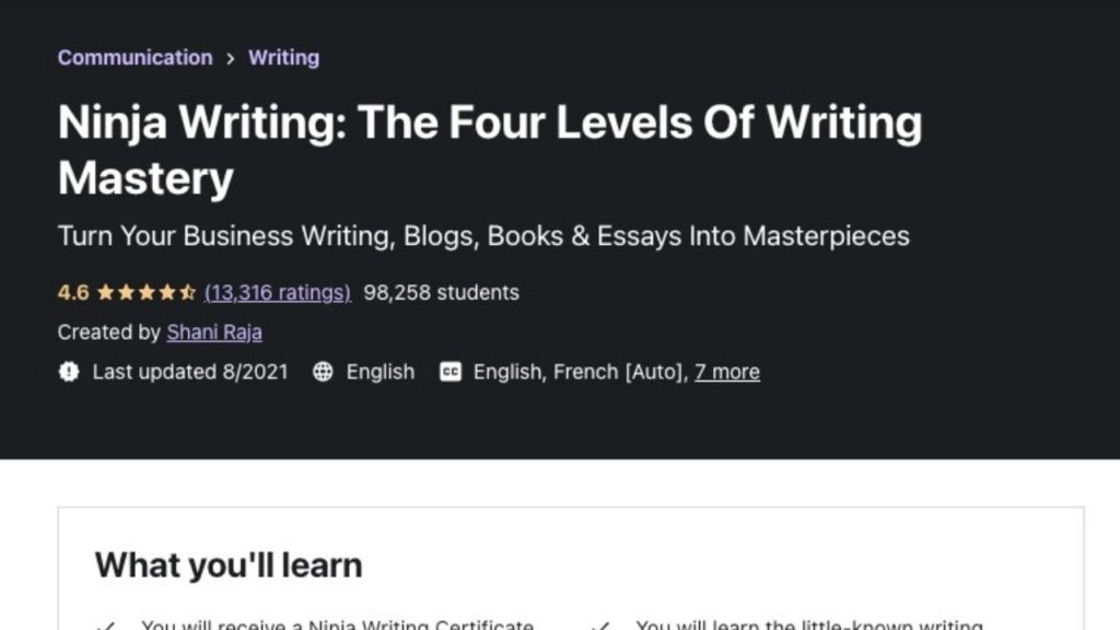 Ninja Writing: The Four Levels of Writing Mastery is online writing course on Udemy