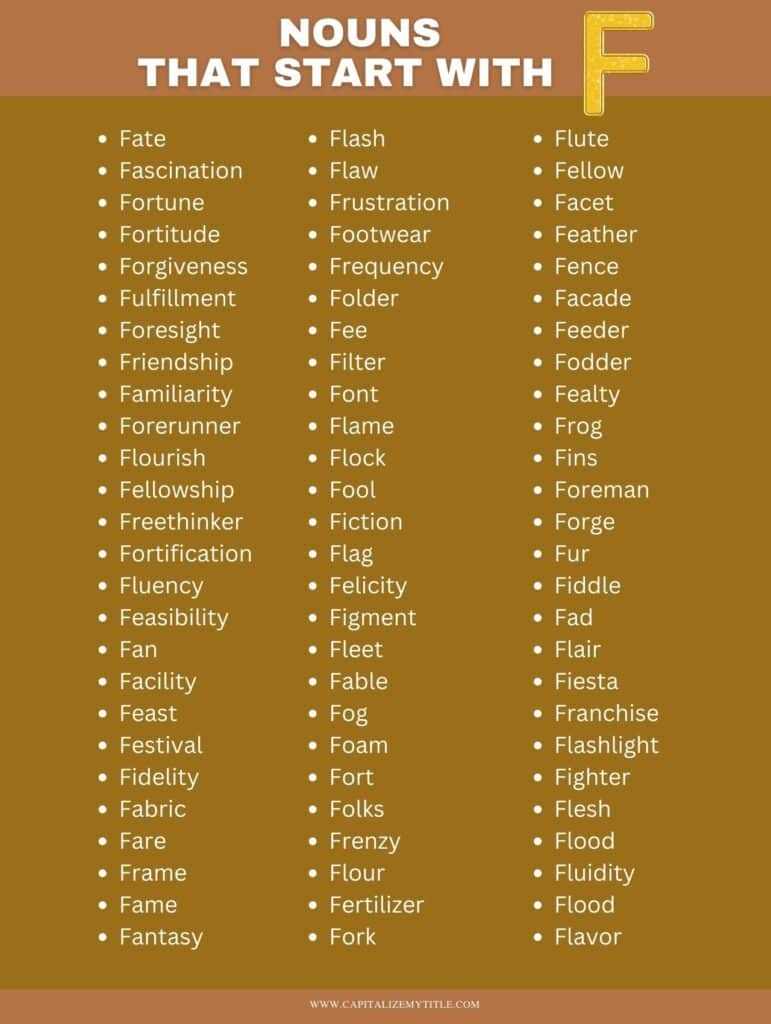 A photo showing a long list of nouns that start with F