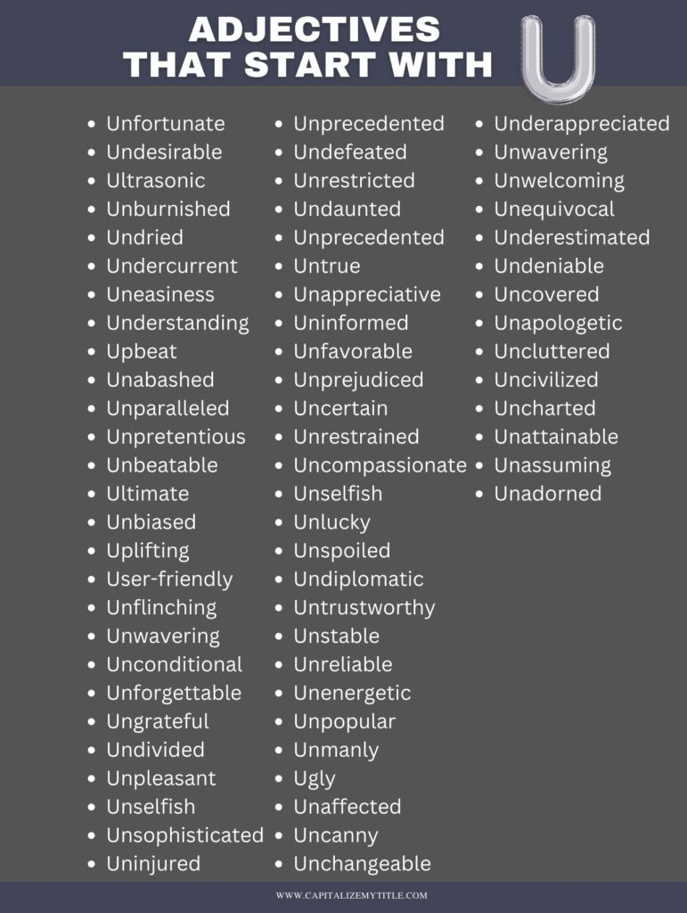 A photo showing a long list of adjectives that start with U.