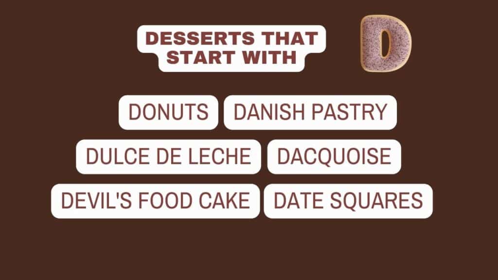 Photo showing a list of desserts that start with D.
