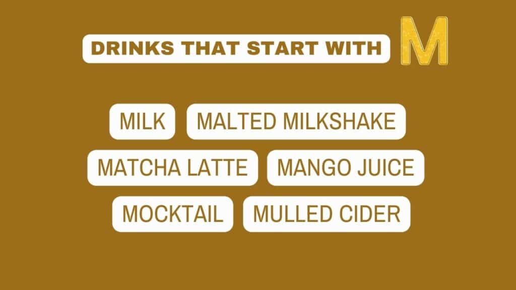 Photo showing a list of drinks that start with M