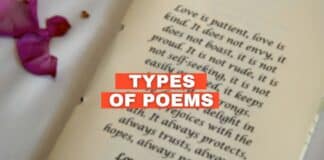 Blurred photo of a poem with types of poems text overlay.