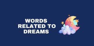 An image with a moon sleeping in the clouds and the text words related to dreams.