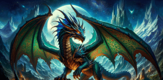 Dall·e 2023 12 18 16.07.31 A Fantastical Dragon Inspired By The World Of Dungeons And Dragons. This Dragon Is Depicted In A Majestic Pose Showcasing Its Grand Wings And Fearsom