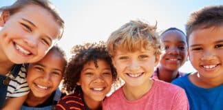 Close Up Of Pre Teen Friends In A Park Smiling To