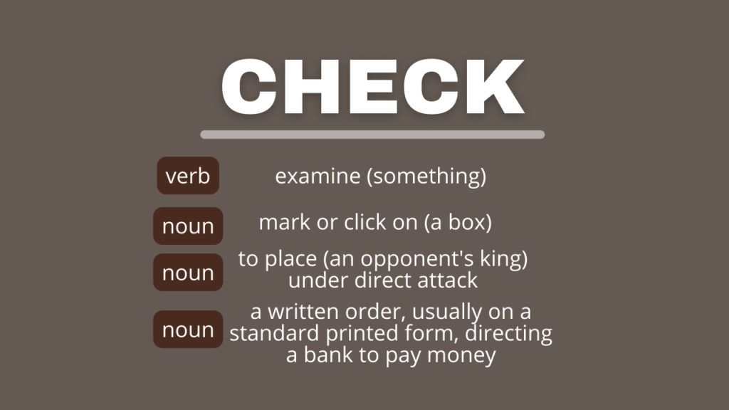 Photo showing the different definitions of the word "check"