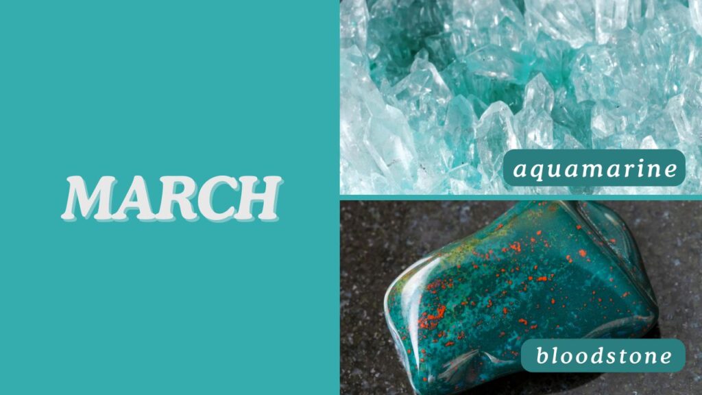 Photo showing the March birthstones, which are the bloodstone and aquamarine