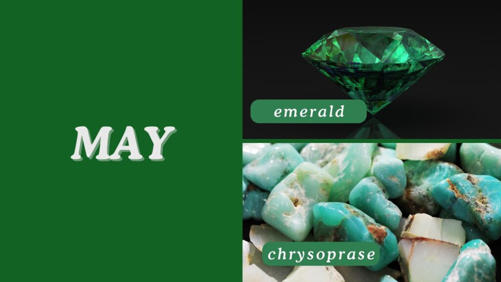 Photo showing the May birthstones, which are the emerald and chrysoprase