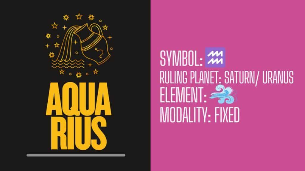 Photo showing Aquarius' symbol, ruling planet, element, and modality.