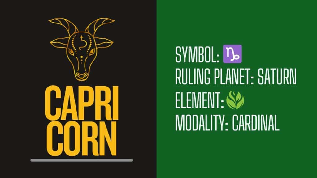 Photo showing Capricorn's symbol, ruling planet, element, and modality.