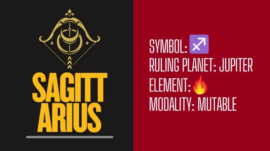 Photo showing Sagittarius's symbol, ruling planet, element, and modality.