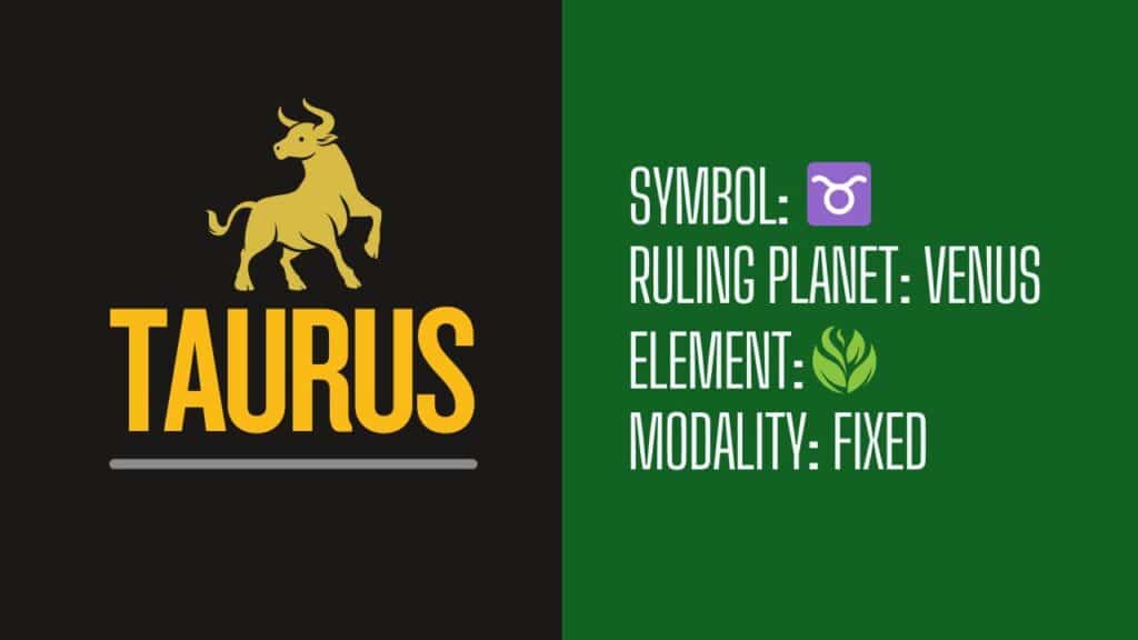 Photo showing Taurus' symbol, ruling planet, element, and modality.