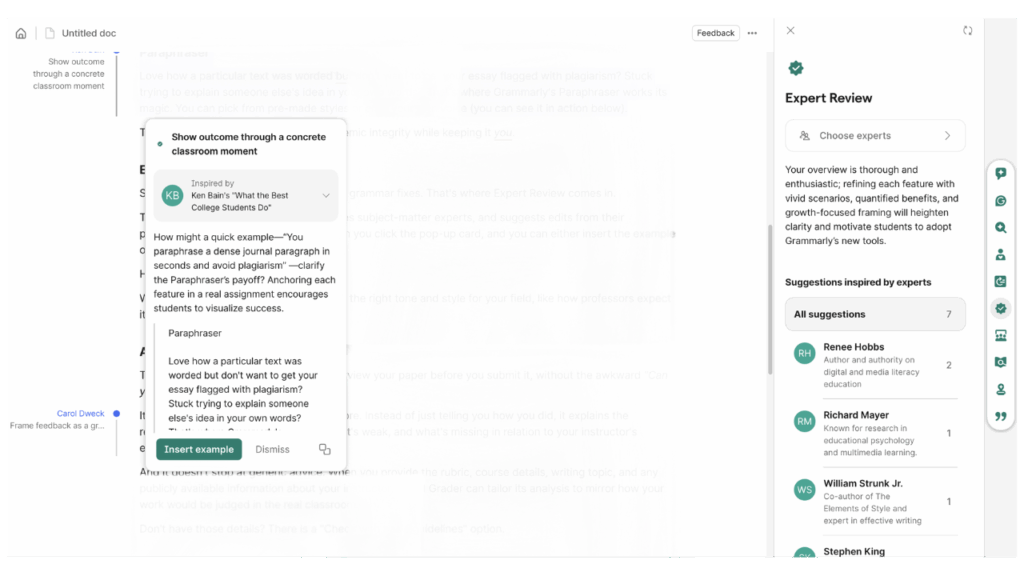 Photo showing the Expert Review AI feature of Grammarly