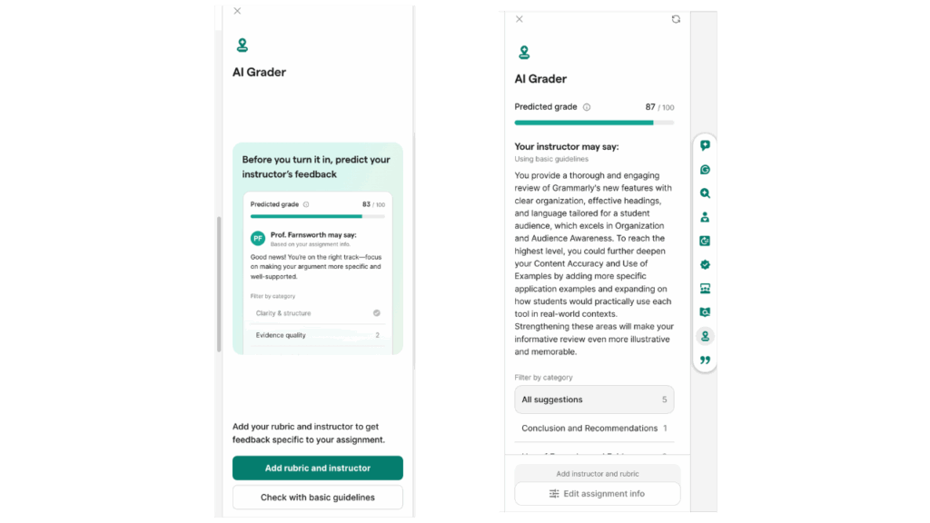 Photo showing the AI Grader feature of Grammarly