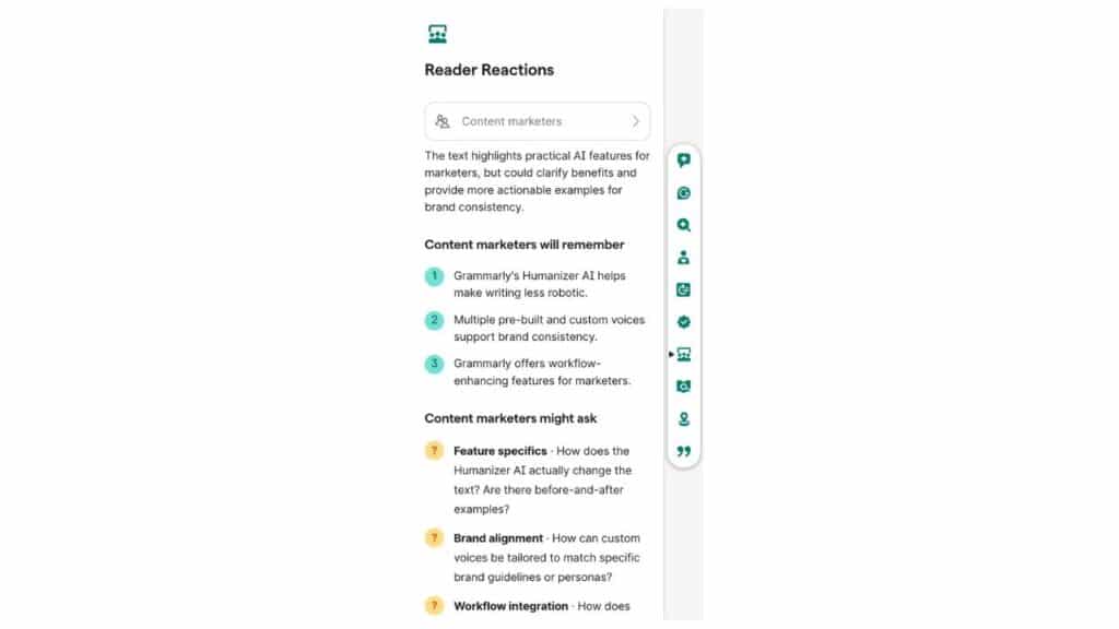 Photo showing Grammarly's Reader Reactions AI feature