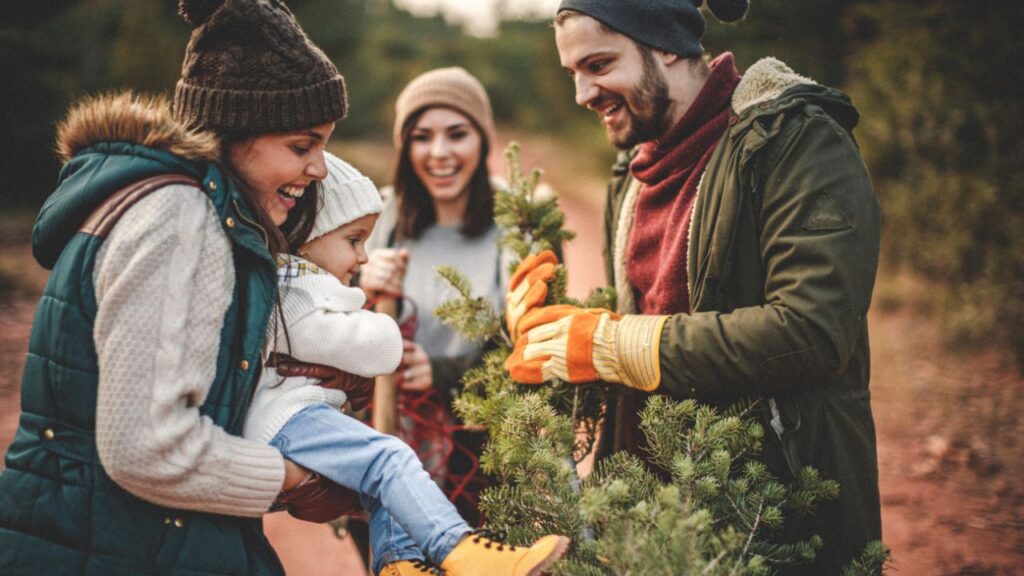A family having a fun at a Christmas tree farm