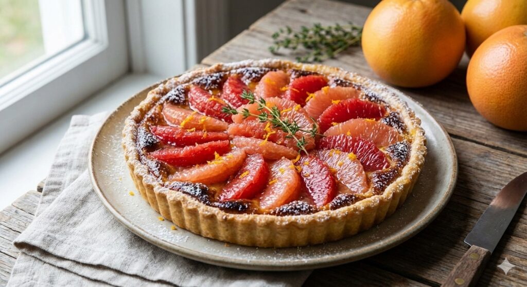 Photo of a grapefruit tart on a plate.