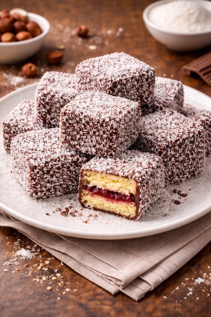 Photo showing a plate full of lamingtons