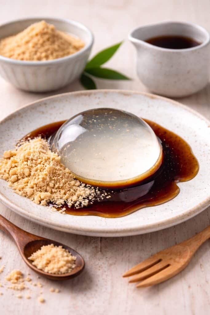 Photo showing a raindrop cake with kinako and kuromitsu (soybean powder and sweet syrup)