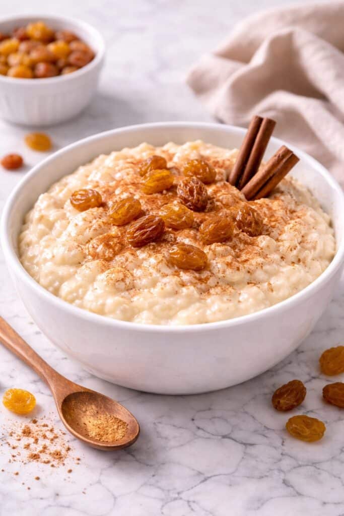 Photo showing a bowl of rice pudding
