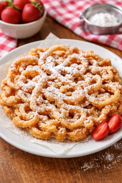 Photo of a funnel cake on a plate.