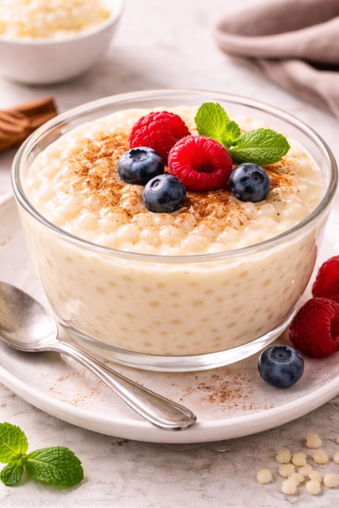 Photo showing a bowl of tapioca pudding with fruit