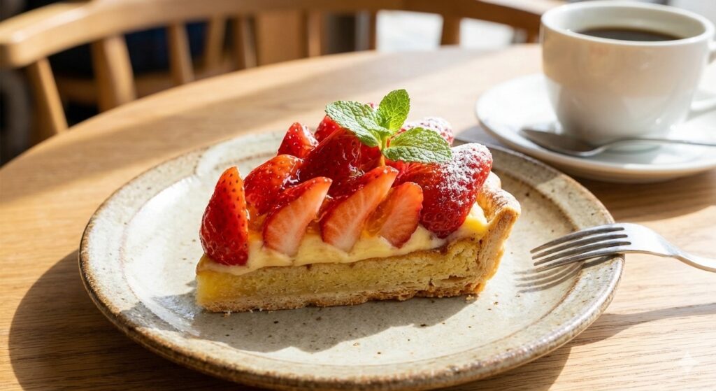 Photo showing a slice of strawberry tart