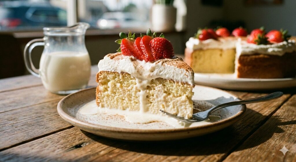 Photo showing a slice of Tres Leches cake. 
