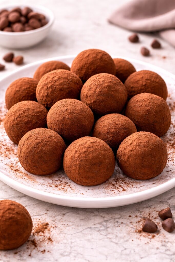 A plate full of chocolate truffles