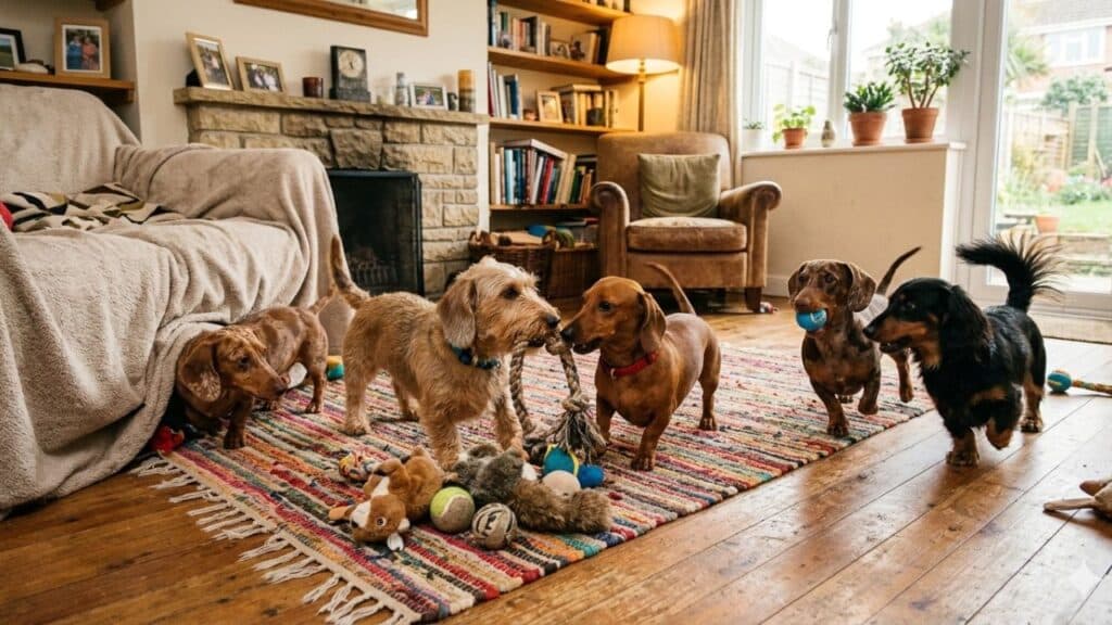 Photo of Dachshunds playing inside an apartment