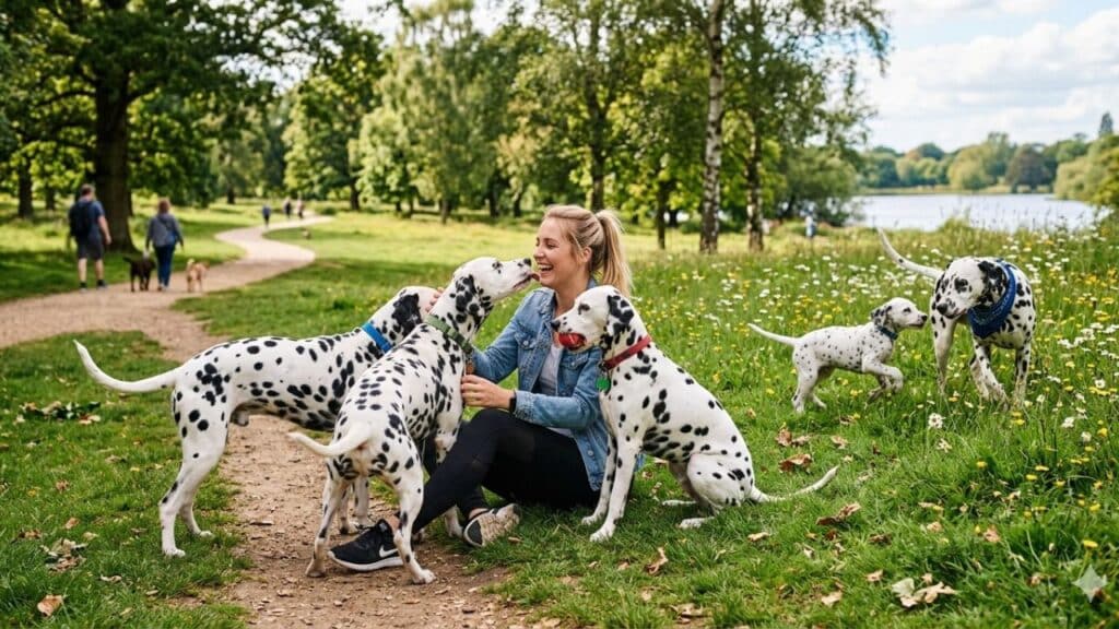 A photo showing a woman playing with Dalmatians