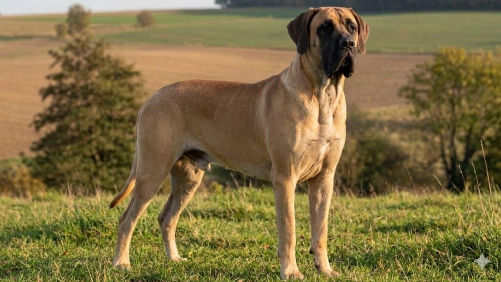 A photo of a Daniff dog standing out in a field