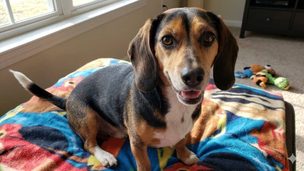 Photo showing a Doxle dog on a bed