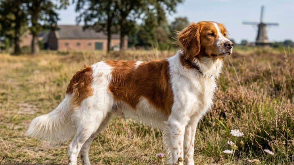 Photo showing a Drentse Patrijshond dog out in the field