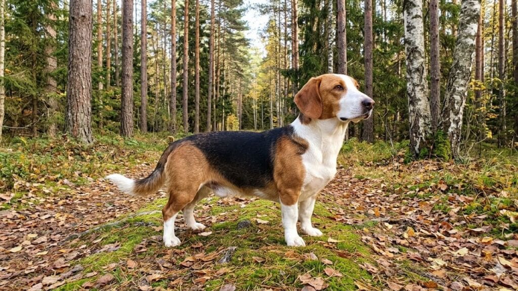 Photo showing a Drever dog out in the forest