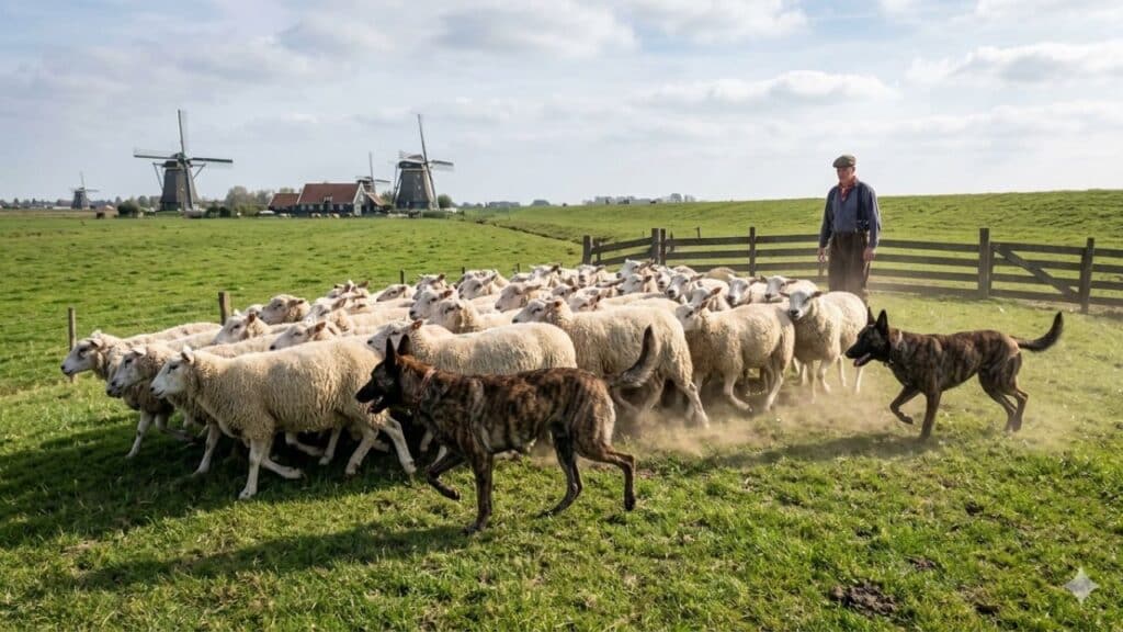 Photo showing two Dutch Shepherds herding sheep