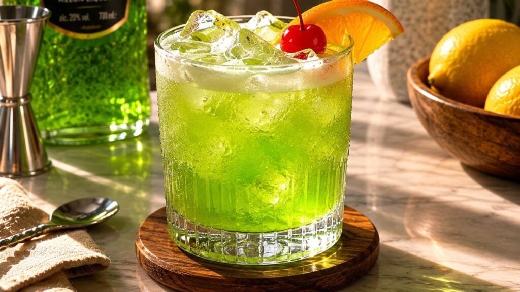 Photo showing a glass of midori sour