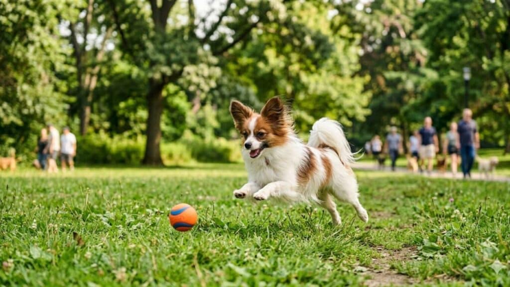Photo showing a Papillon playing at the park