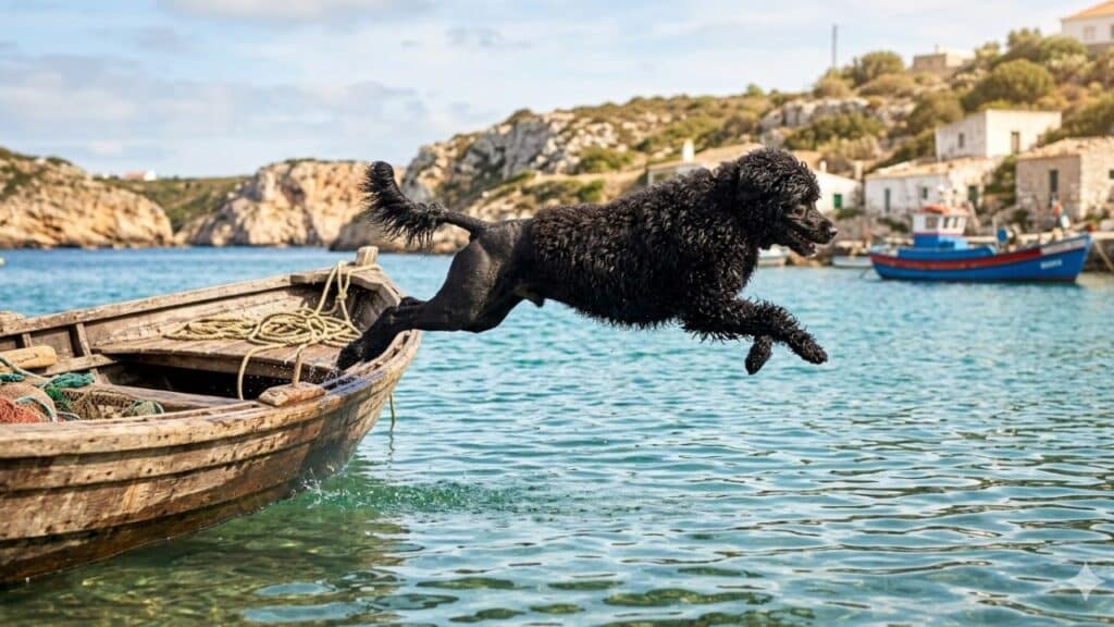 Photo showing a Portuguese Water Dog jumping off a boat