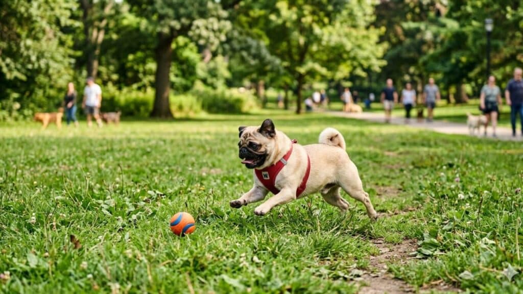 Photo showing a Pug playing at the park