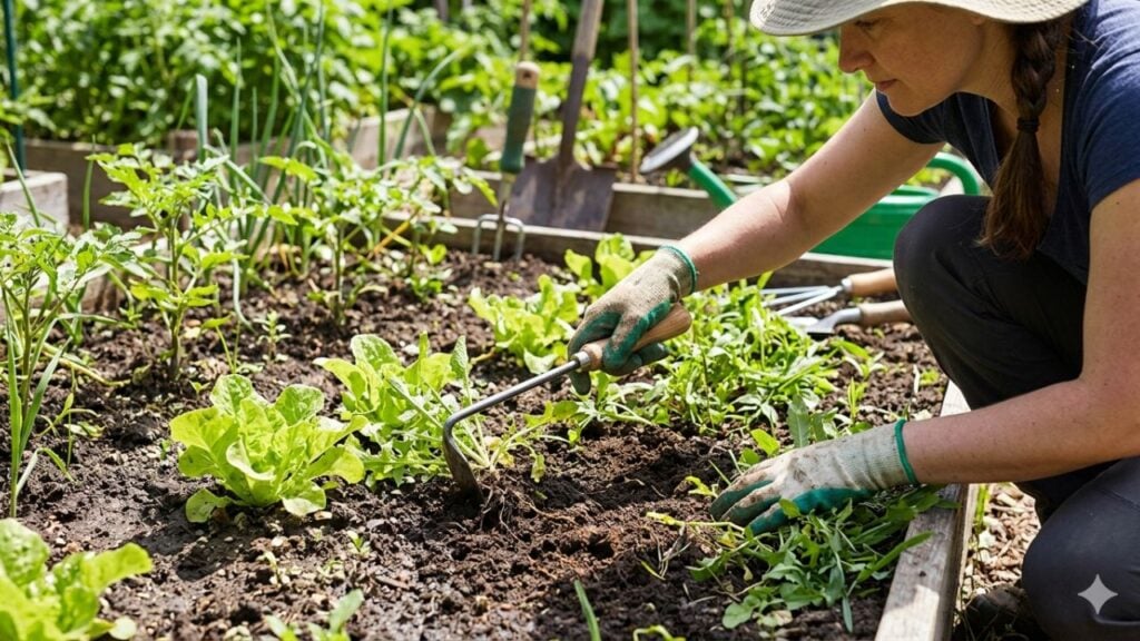 A gardener using Cape Cod weeder to remove weeds