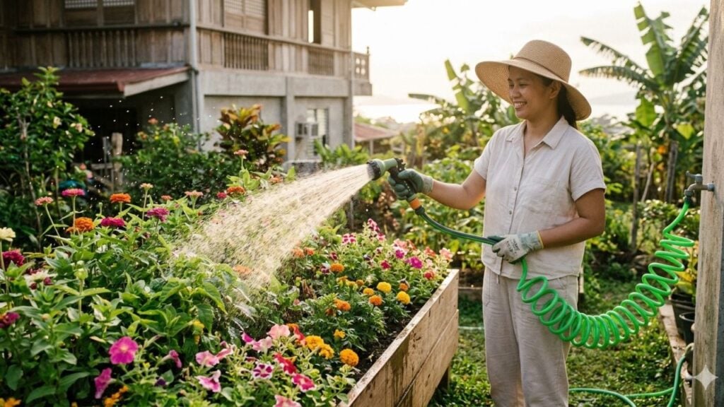 A woman using a garden hose and spray gun to water a raised flower bed