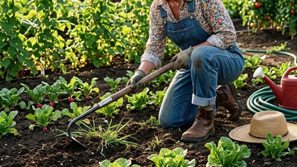 A gardener using a garden hoe