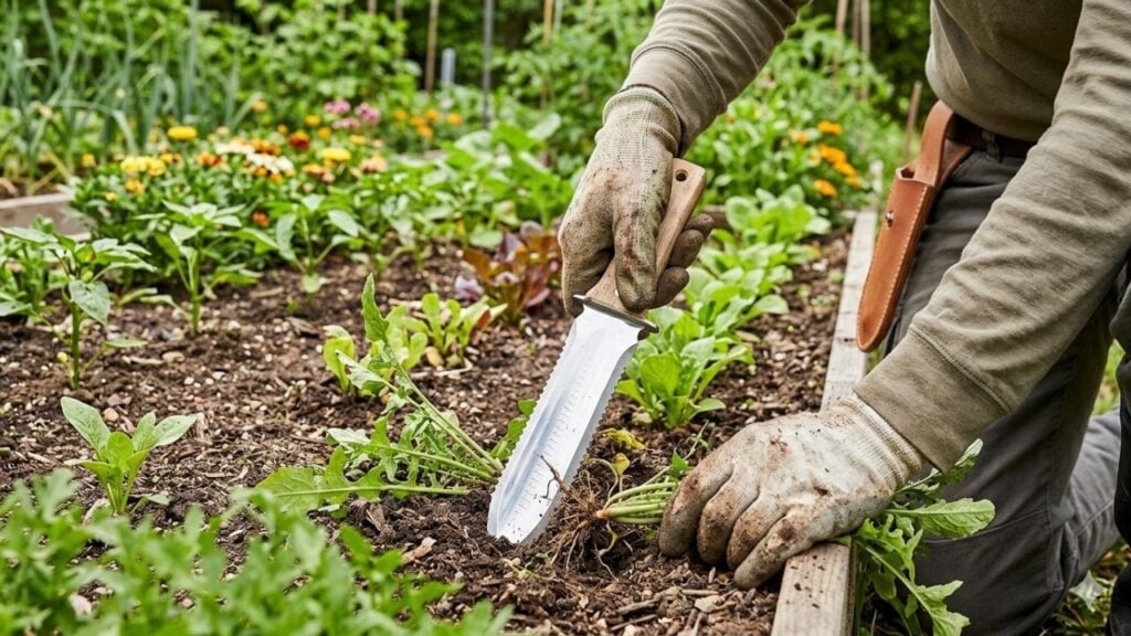 A person using a hori hori knife to harvest a plant