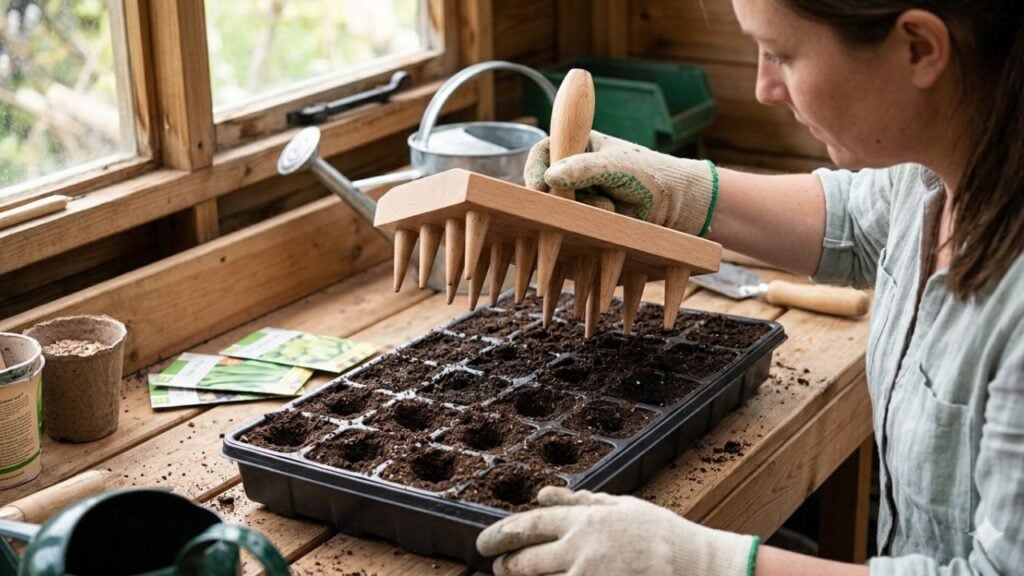 A woman using a multi-seed tray dibber