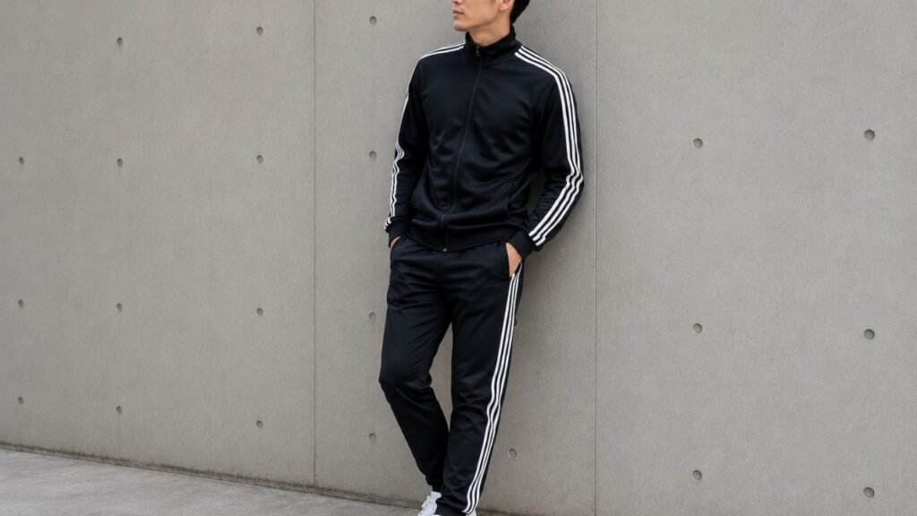 A person wearing a black tracksuit